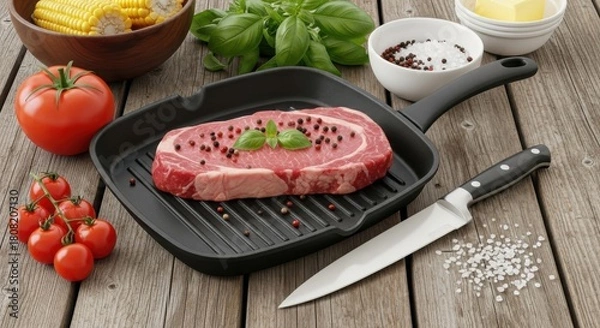 Fototapeta Raw ribeye steak on a grill pan prepared with tomatoes corn and basil ready for cooking a delicious meal