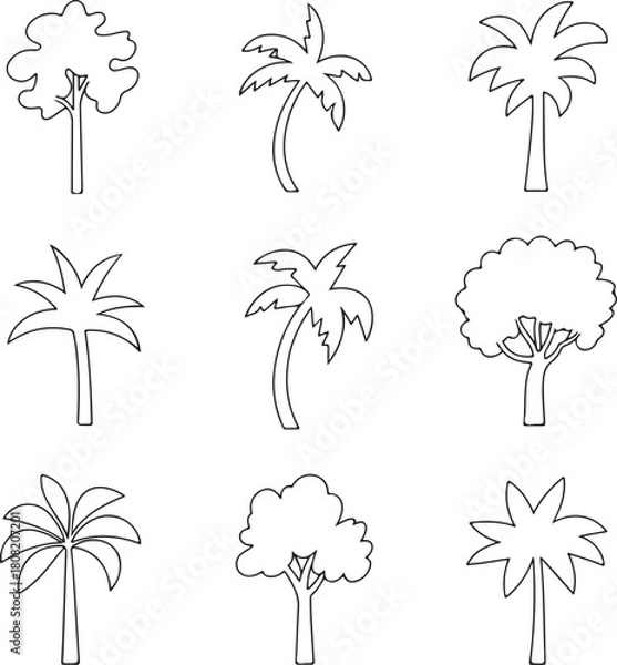 Fototapeta Outline drawings of diverse trees and palm trees in simple style