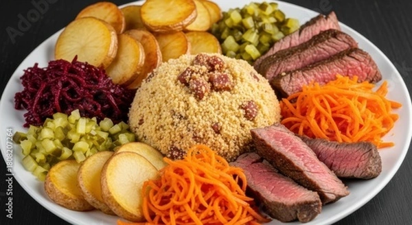 Fototapeta Delicious platter with sliced steak potatoes and pickled vegetables a colorful and appetizing dish for a restaurant menu or food blog