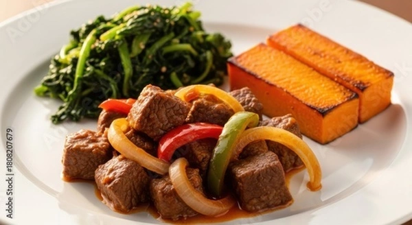 Fototapeta Cubed beef with sauteed vegetables spinach and pumpkin on a white plate a healthy and delicious meal