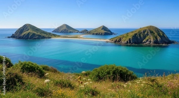 Fototapeta Scenic view of islands in turquoise water a natural sand bridge connecting them under a clear blue sky