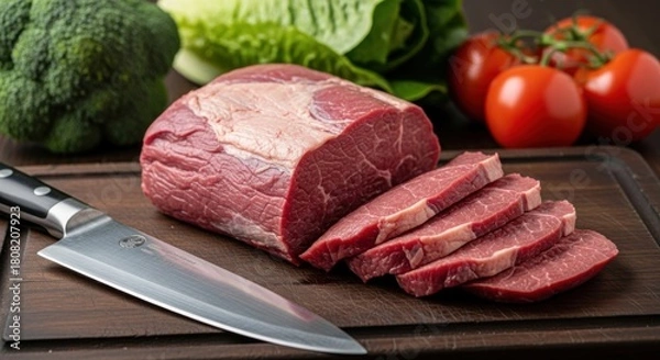 Fototapeta Raw beef roast sliced on a cutting board with fresh vegetables prepared for cooking a healthy meal