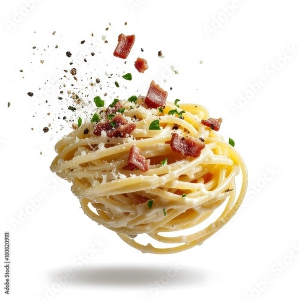 Fototapeta A swirling clump of Carbonara pasta, topped with bacon and pepper, floating against white.