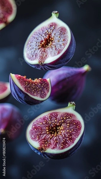 Fototapeta Sliced fresh figs floating mid-air, revealing vibrant purple and red interiors on a dark background.