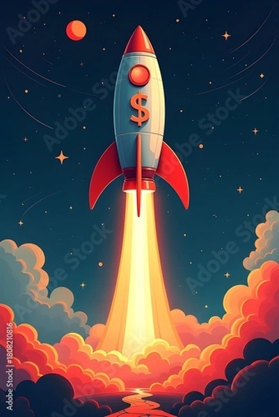 Fototapeta AI Generative. Startup Rocket with Dollar Symbol Accelerating Towards Financial Success. 3