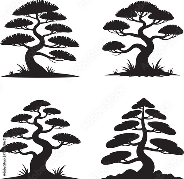 Fototapeta Stylized japanese tree silhouettes vector set on white background