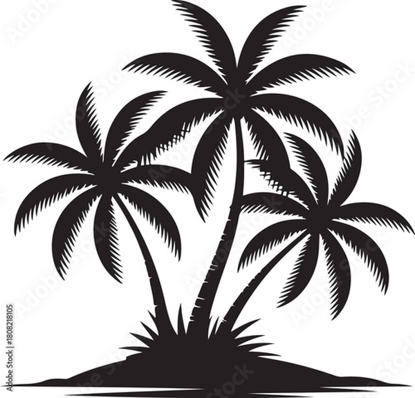 Fototapeta Tropical palm trees silhouette on island, minimal vector graphic