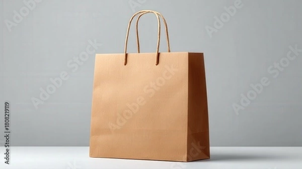Obraz A minimalist product presentation with an empty brown paper bag on a solid light grey surface