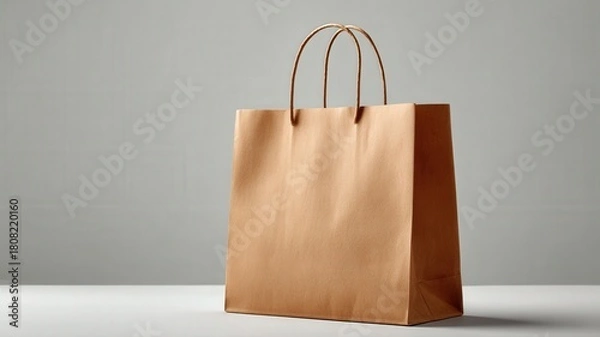 Obraz A minimalist product presentation with an empty brown paper bag on a solid light grey surface