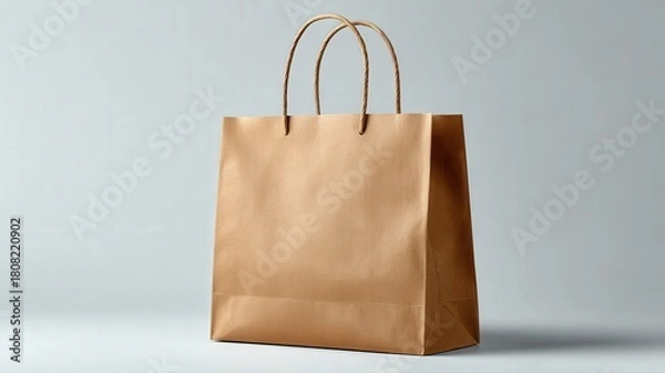 Obraz A minimalist product presentation with an empty brown paper bag on a solid light grey surface