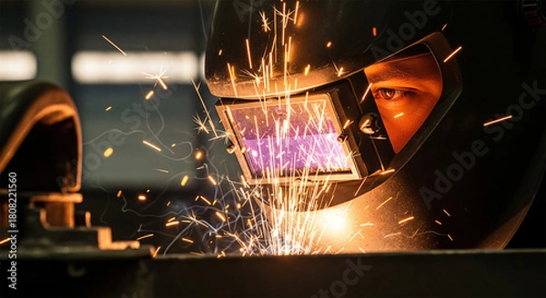 Fototapeta Welder wearing protective helmet during metal welding with intense spark shower