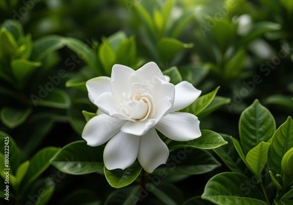 Obraz Pristine white gardenia bloom centered among dark green tropical foliage
