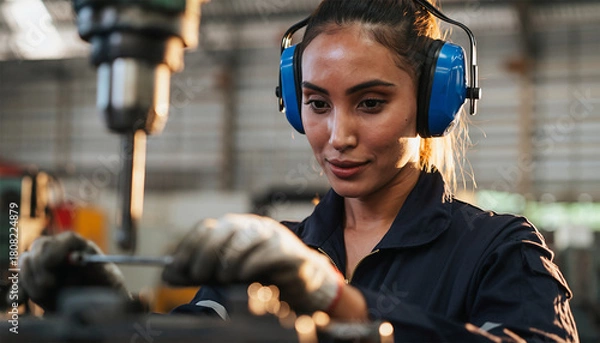 Obraz Female factory worker wearing blue ear protection while operating industrial machinery