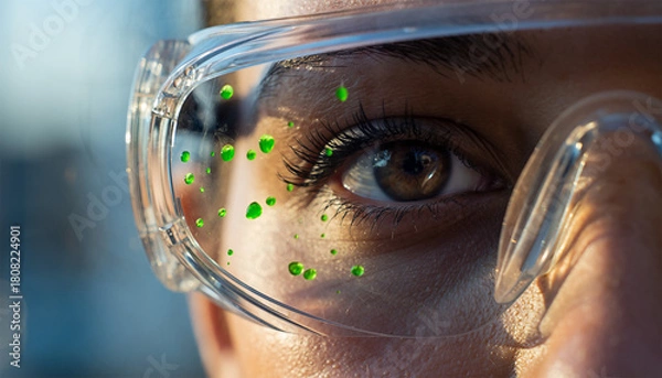 Fototapeta Researcher in protective goggles with green chemical drops during laboratory experiment