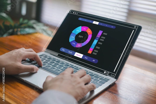 Fototapeta Hands working on a laptop displaying a colorful data analytics dashboard, featuring charts and metrics for business insights, productivity monitoring, digital reporting.