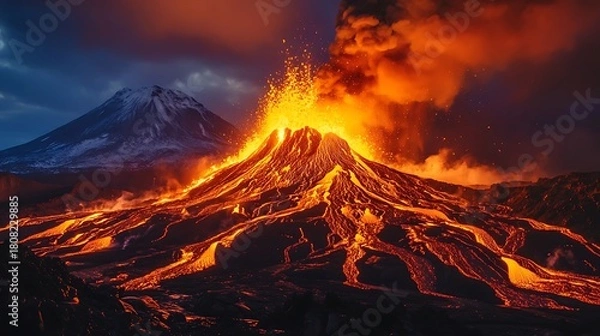 Obraz Dramatic Volcanic Eruption with Flowing Lava at Night