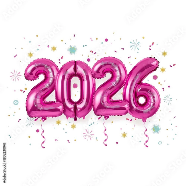 Fototapeta A happy new year celebration card illustration with pink and purple floral lettering design. 3D balloon effect. 