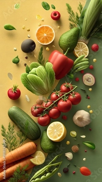 Fototapeta Assorted fresh vegetables and citrus fruits scattered on yellow and green background with herbs and seeds