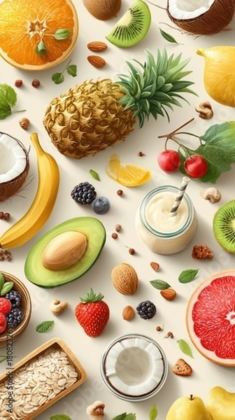 Fototapeta Assortment of fresh tropical and seasonal fruits with nuts seeds and dairy products on white background