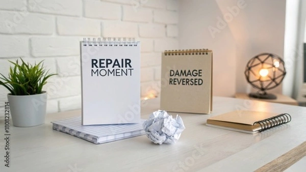 Fototapeta Business workspace with notepads displaying inspirational messages on repair and damage, accompanied by decorative elements
