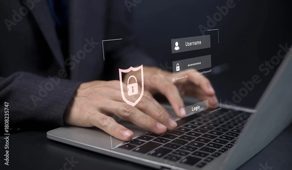Fototapeta Close-up of hands typing on laptop with digital login interface, username and password fields, and security padlock icon, representing cybersecurity, data protection, and online privacy concept.