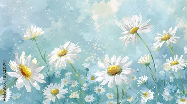 Obraz Blooming white daisies in watercolor field with soft blue sky and dreamy atmosphere