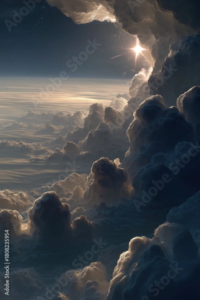 Fototapeta Colossal sculpted cumulonimbus clouds climbing toward a luminous star above a curved planetary horizon at sunrise