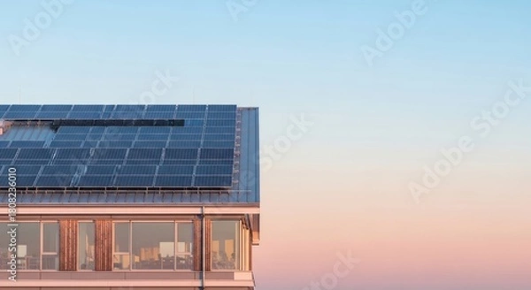 Obraz Solar Panels Installation on Rooftop for Energy Production at Sunset Glow