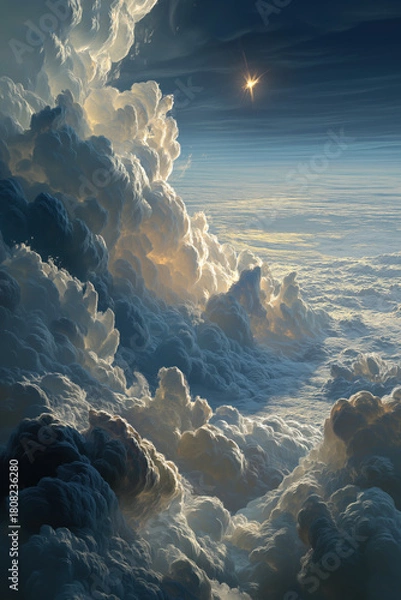 Obraz Colossal sculpted cumulonimbus clouds climbing toward a luminous star above a curved planetary horizon at sunrise