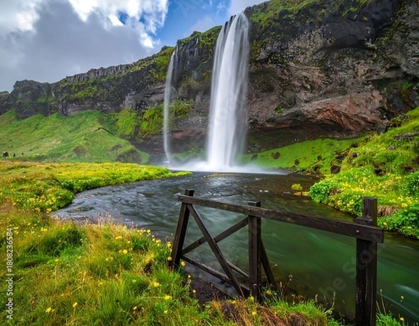 Fototapeta Picturesque Seljalandsfoss Waterfall in Iceland with Lush Greenery and Wooden Fence.