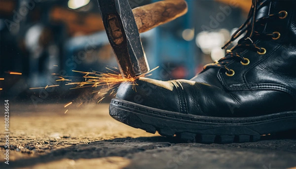 Obraz Sharp hammer striking safety boot toe with bright sparks demonstrating impact protection