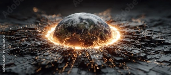 Obraz Globe encased in erupting fiery energy, surrounded by dark, cracked structures