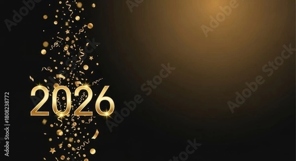 Fototapeta Sparkling golden 2026 year with festive confetti on elegant black background