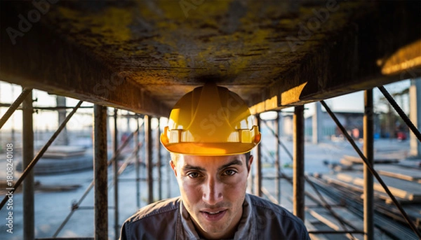 Obraz Male construction worker in yellow safety helmet under concrete scaffolding structure
