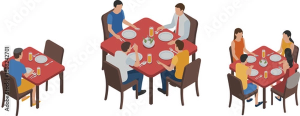 Fototapeta Isometric illustration of people dining at restaurant tables showing groups eating together, social interaction, food service and modern hospitality concepts