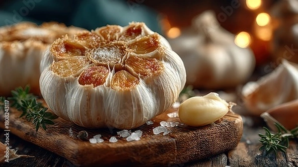 Obraz Roasted garlic head on rustic board