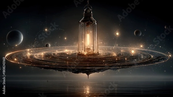 Obraz Floating lantern illuminating a cosmic galaxy above a dark, reflective expanse