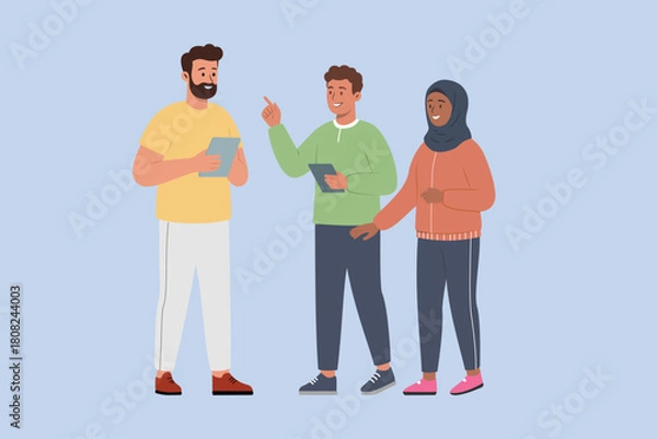 Fototapeta Group of Diverse Young People Discussing and Collaborating with Digital Tablets – Flat Vector Illustration