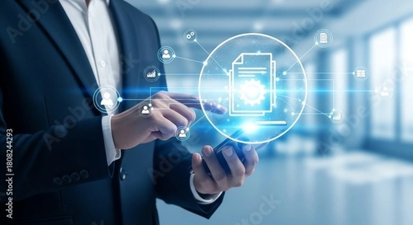 Fototapeta Businessman using smartphone for digital document management system.