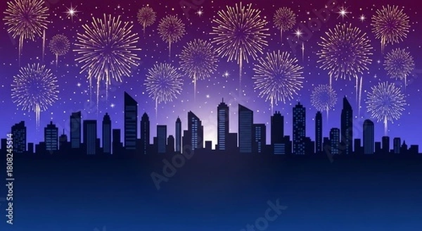 Fototapeta Colorful Fireworks Display Over a Modern City Skyline at Night.