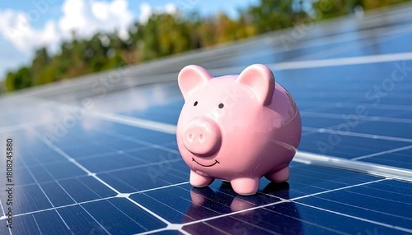 Fototapeta Piggy Bank on Solar Panels - Saving Money with Renewable Energy.