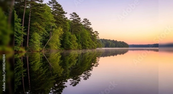 Fototapeta Still waters and tranquil reflections at lakeside dawn scene in natural setting