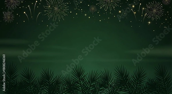 Fototapeta Dark green festive holiday background with fireworks and pine branches.