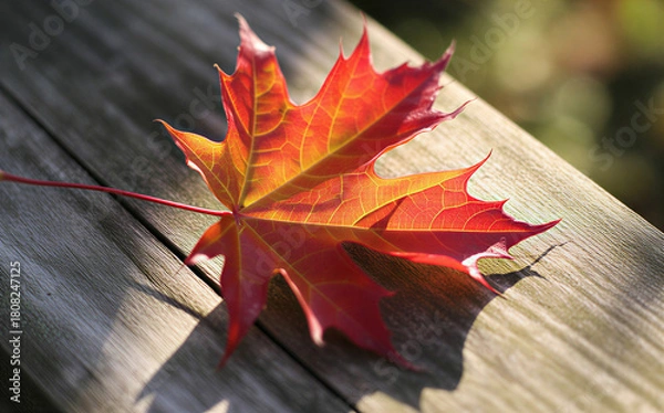 Obraz Stunning autumn maple leaf ablaze with vibrant red and gold tones resting serenely on rustic weathered wood in the soft afternoon sunlight