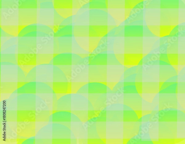Fototapeta A bright, abstract background featuring a seamless pattern of overlapping translucent circles in various shades of lime green, neon green, and yellow, overlaid with a plaid or grid pattern. 