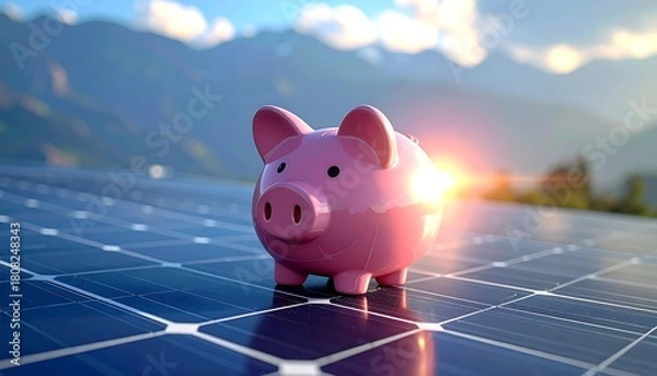 Fototapeta Pink Piggy Bank on Solar Panel with Mountain Backdrop.