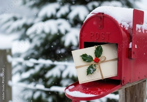 Obraz Red Mailbox With Holiday Gift Card Spilling From Slot In Snowy Winter Scene

