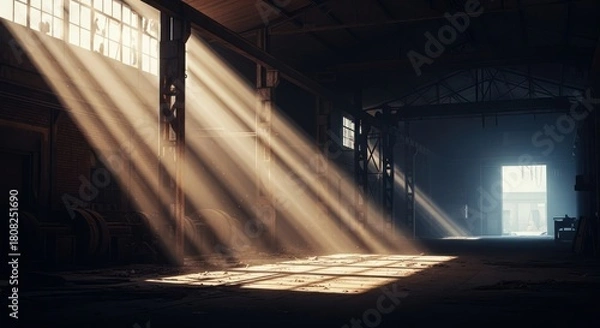 Fototapeta Sunlight streaming through windows of an abandoned industrial interior, creating a captivating scene