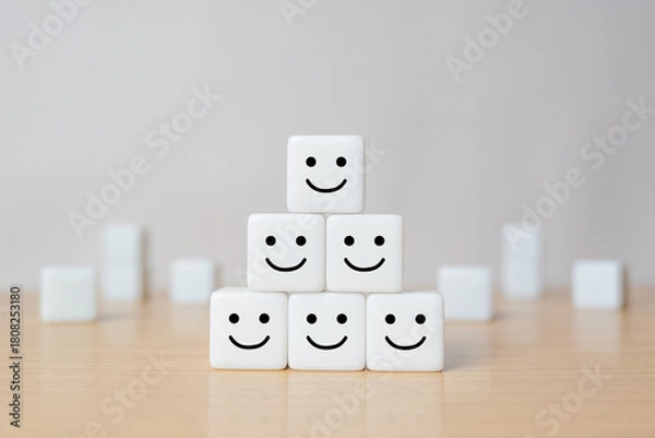 Obraz Dice with icon face smiley, The best excellent business services rating customer experience, Satisfaction survey concept