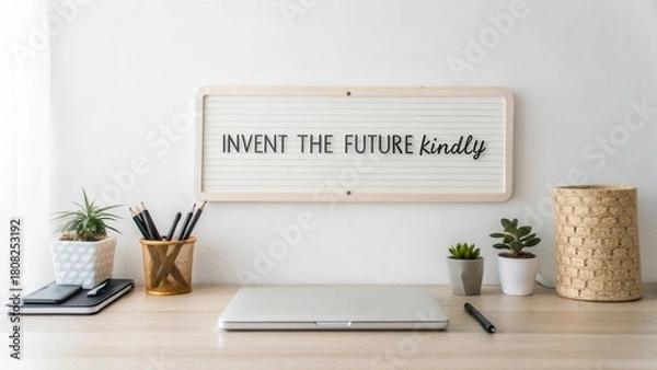 Obraz Inspiring Workspace with Letter Board Featuring "Invent the Future Kindly" Surrounded by Plants and Stationery